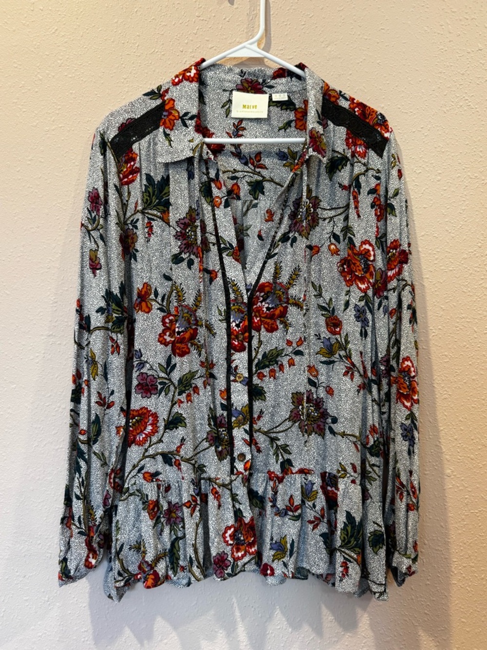 Anthropologie Gray Floral Button-Up Blouse with Red & Green Accents